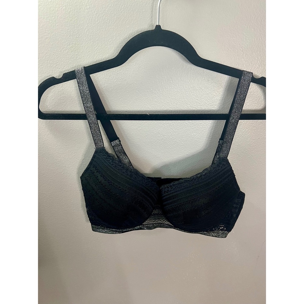 Black Lace Push Up Bra Silver Glitter Metallic Straps Underwire Size 85C SHEIN